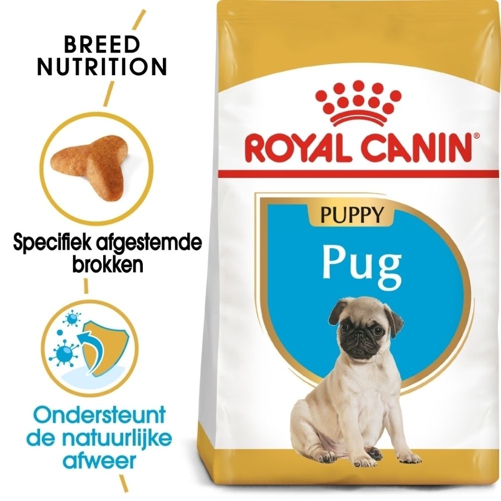 Voorkant van een 1,5 kg verpakking Royal Canin Pug Puppy hondenvoer, met afbeelding van een mopshond puppy en productkenmerken.