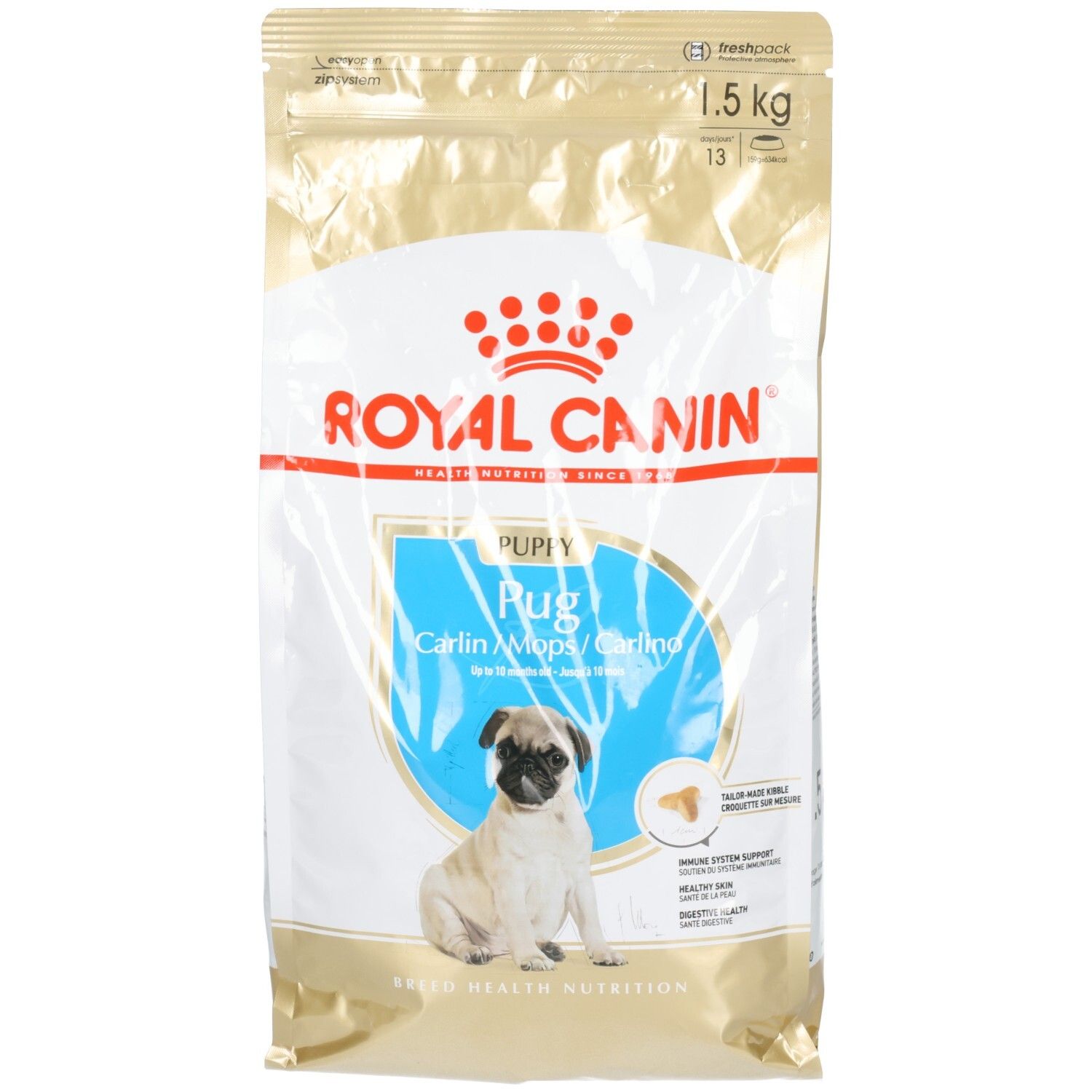 Sac de nourriture pour chiot Royal Canin BHN Pug, 1.5 kg, avec illustration de chiot Pug.
