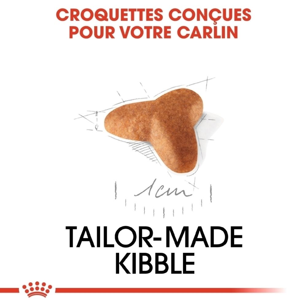 Avant d'un sac de nourriture pour chiot Royal Canin Pug, avec image d'un chiot Carlin et "Breed Health Nutrition".