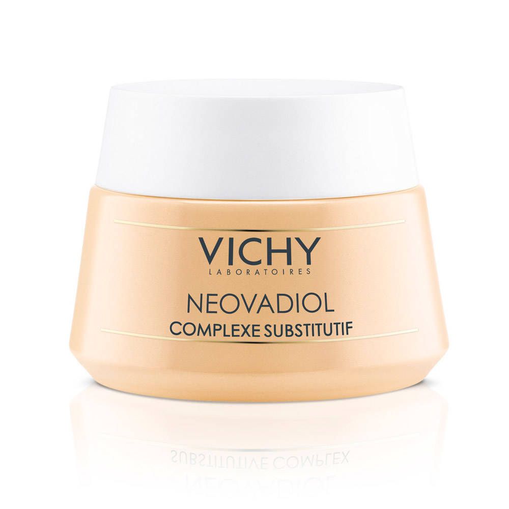 Pot de crème beige avec couvercle blanc. Inscription: VICHY, NEOVADIOL, COMPLEXE SUBSTITUTIF.