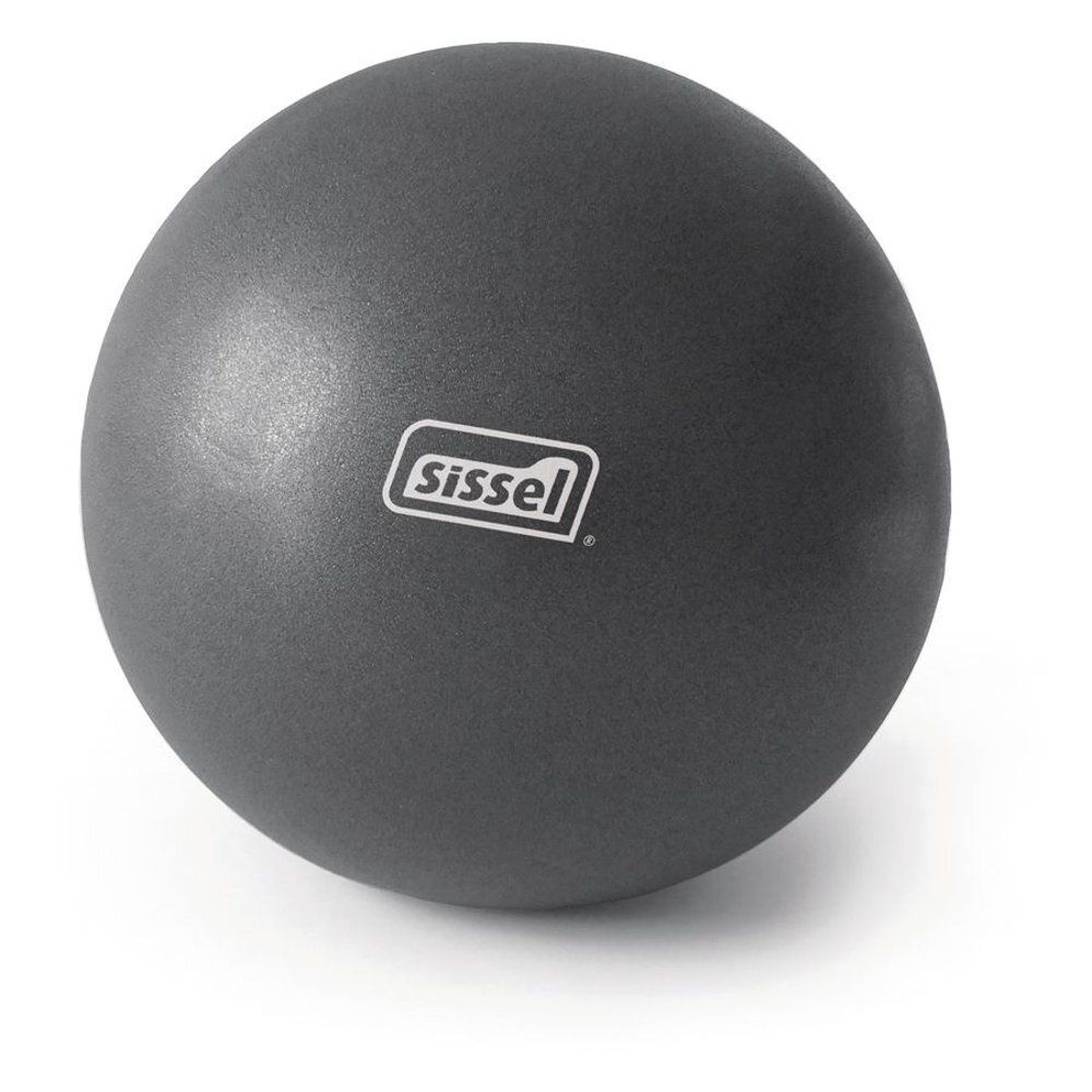 Ballon de Pilates gris. Le logo "Sissel" est visible sur la surface. Forme ronde.