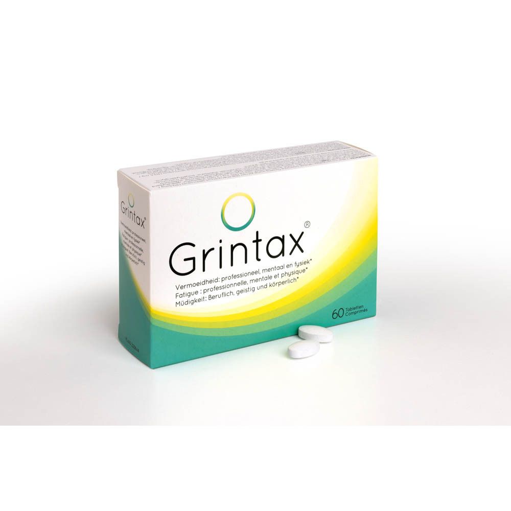 Boîte "Grintax" avec 60 comprimés. Texte en français. Dégradé vert et jaune.
