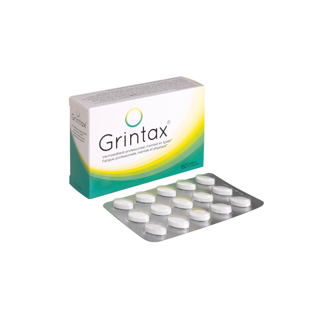 Doosje Grintax tabletten, 60 stuks. Tekst: Mentale, fysieke en professionele vermoeidheid. Grunenthal logo.