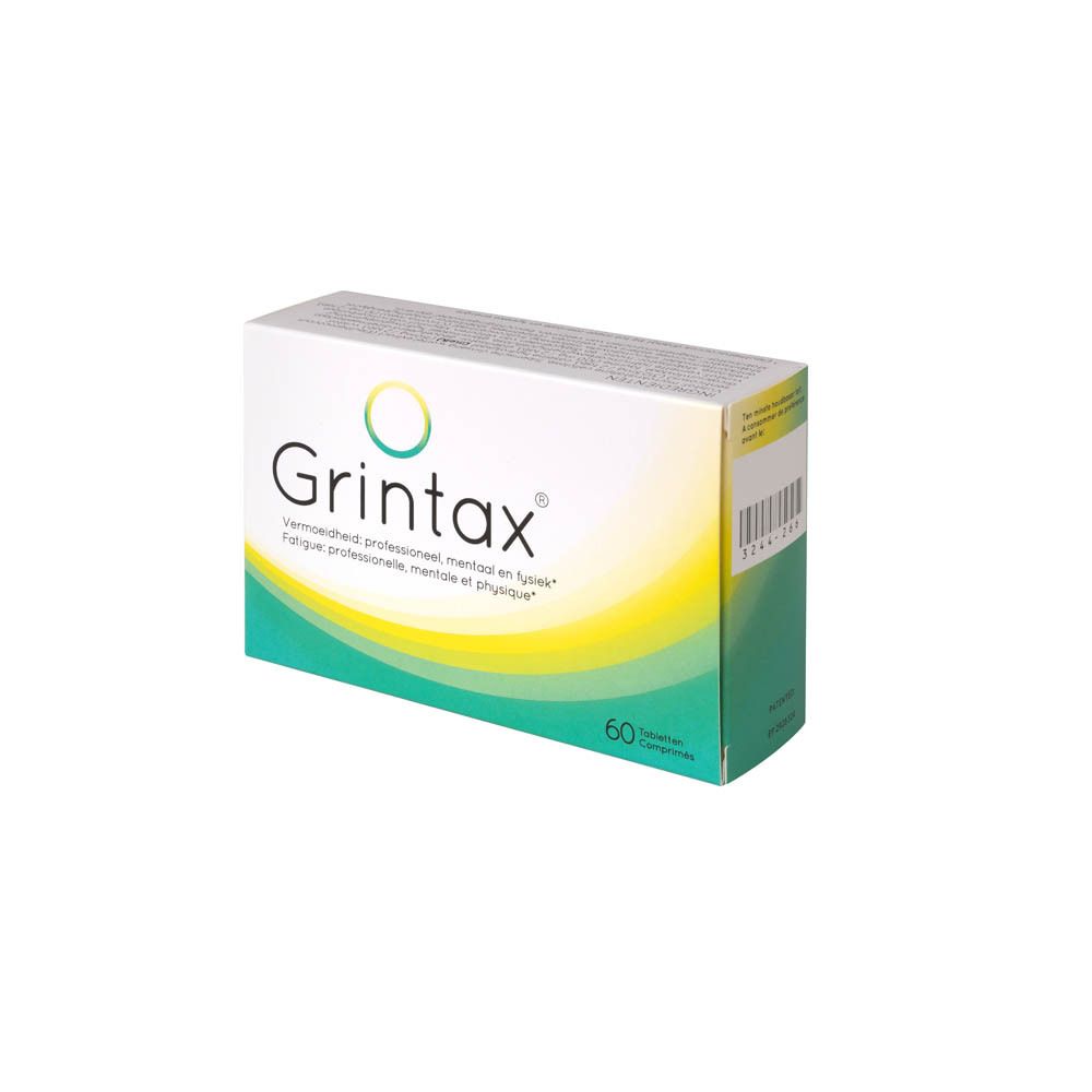 Boîte de comprimés Grintax, 60 comprimés. Texte: Fatigue mentale, physique et professionnelle. Logo Grunenthal.