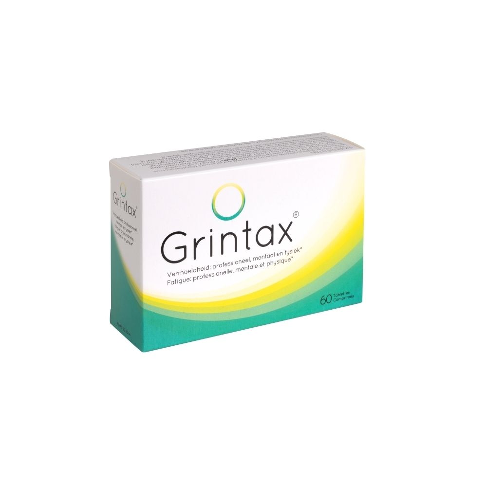Witte doos Grintax met 60 tabletten. Groen-gele kleurovergang. Meertalige tekst.
