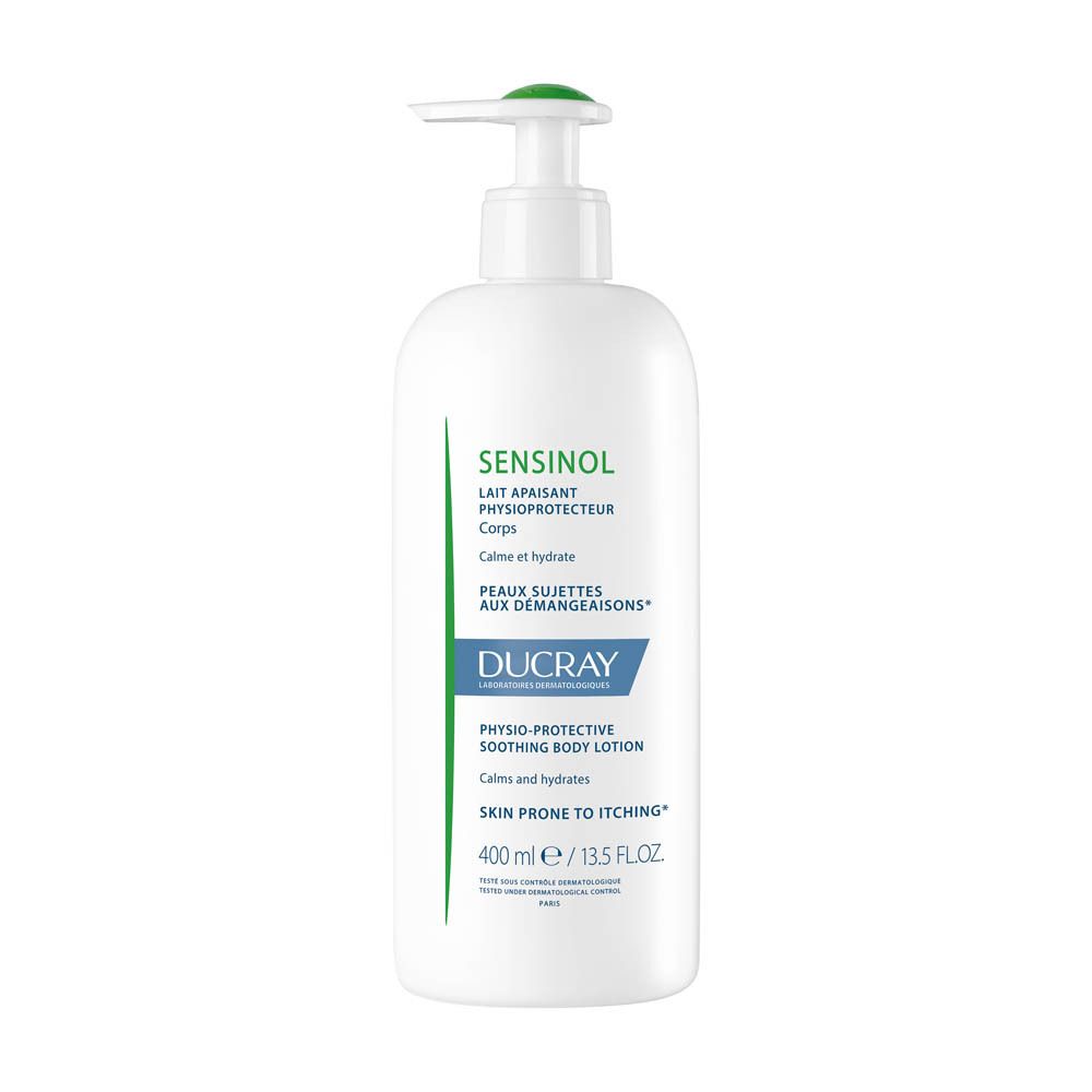 Witte fles met pomp. Sensinol Lait Apaisant, 400 ml. Voor jeukende huid. Ducray.