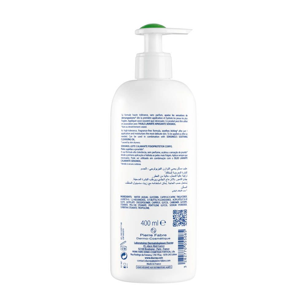 Witte fles met pomp. Sensinol Lait Apaisant, 400 ml. Voor jeukende huid. Ducray.