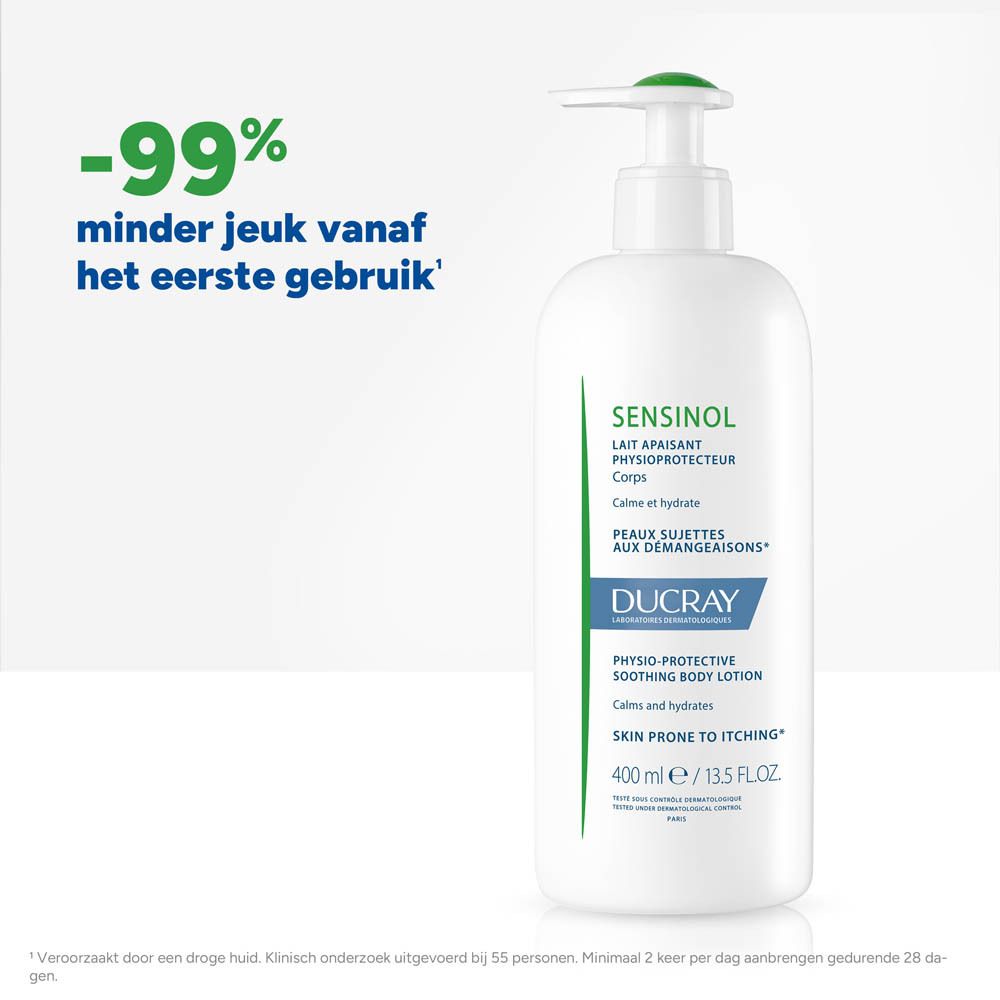 Witte fles met pomp. Sensinol Lait Apaisant, 400 ml. Voor jeukende huid. Ducray.