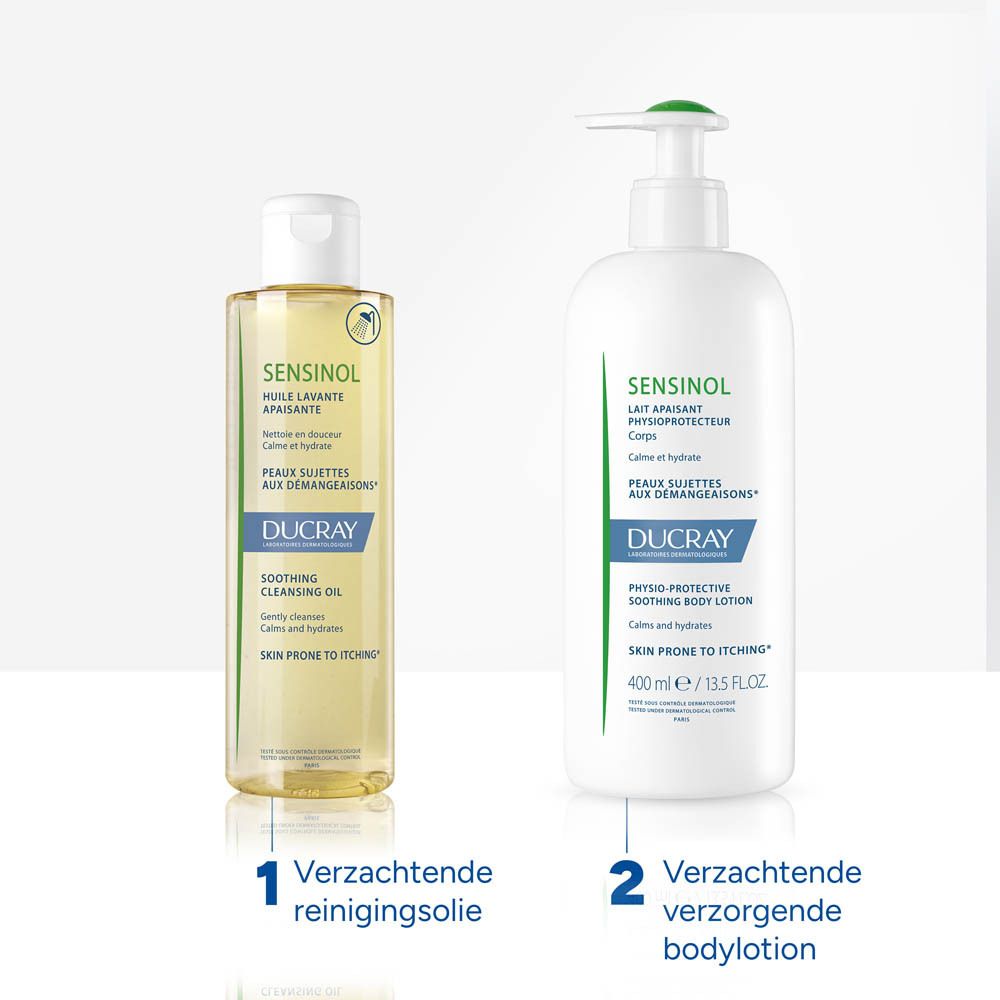 Witte fles met pomp. Sensinol Lait Apaisant, 400 ml. Voor jeukende huid. Ducray.