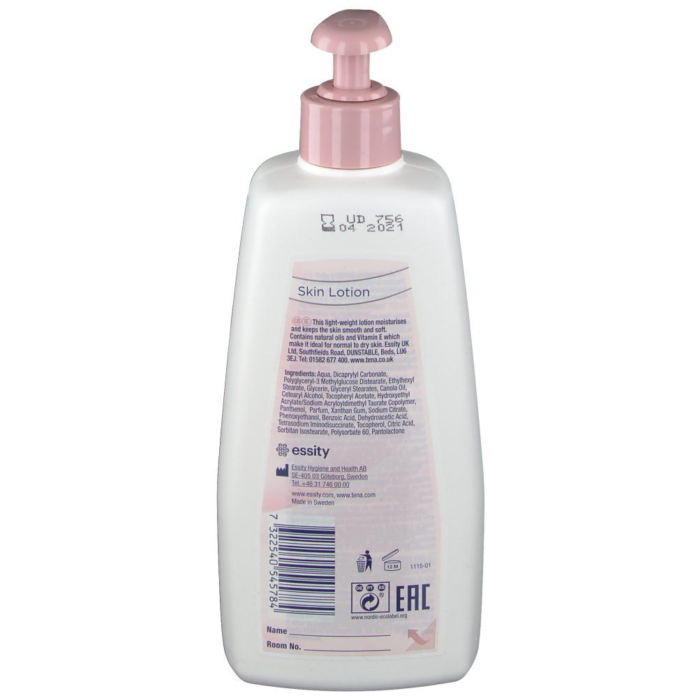 Achterkant van een witte fles met roze pompkop. Tekst: Skin Lotion. Ingrediënten en informatie.