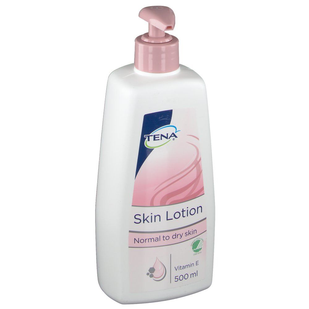 Witte fles met roze pompkop. Opschrift: TENA Skin Lotion. Voor normale tot droge huid. 500 ml.