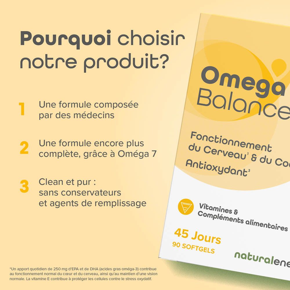 Texte: Pourquoi choisir notre produit ? Formule par des médecins. Formule plus complète avec Oméga 7. Pur et propre.