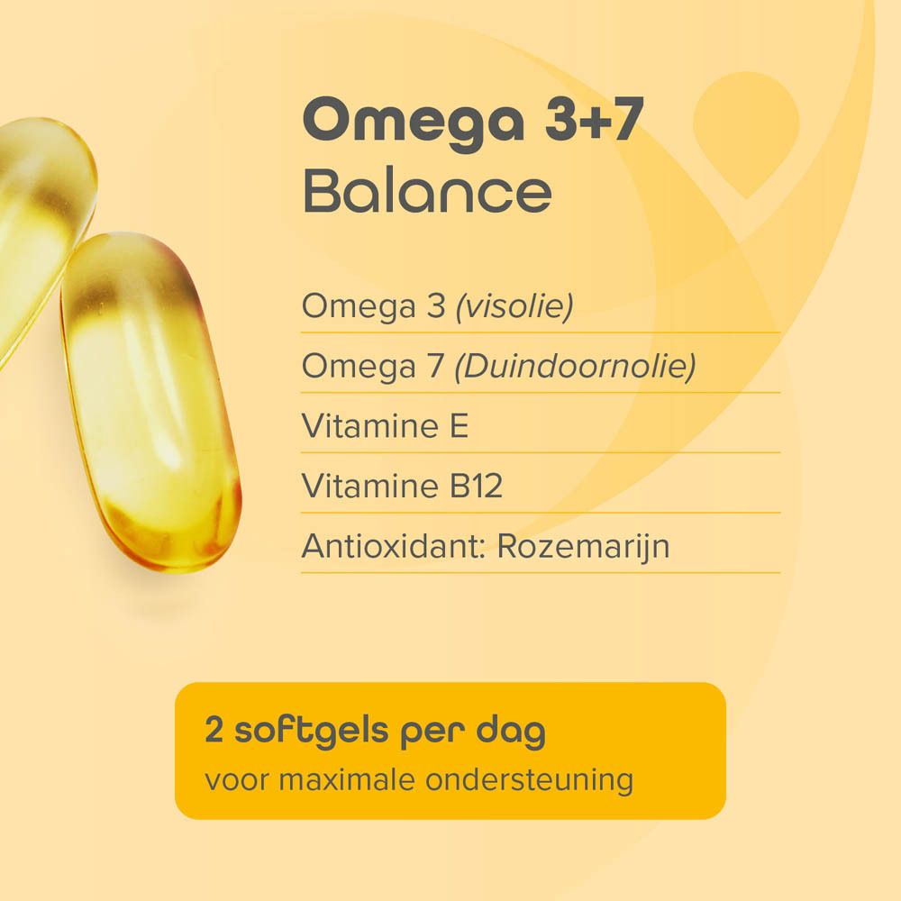 Twee gele softgels. Tekst: Omega 3+7 Balance. Omega 3 (visolie), Omega 7, Vitamine E, B12. 2 softgels per dag.