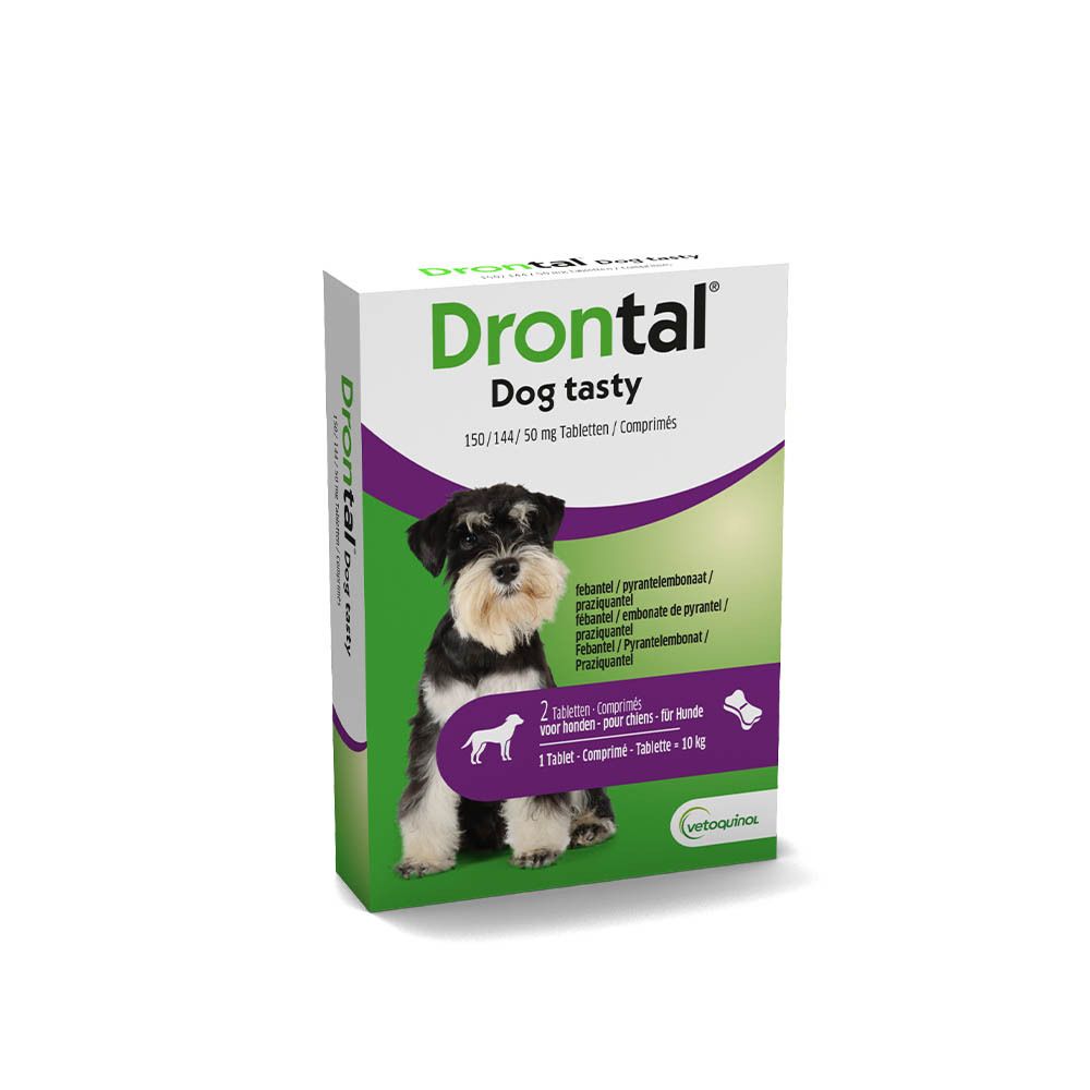 Boîte de Drontal® Dog Tasty. Carton blanc avec chien, nom du produit et logo. Contient des comprimés.