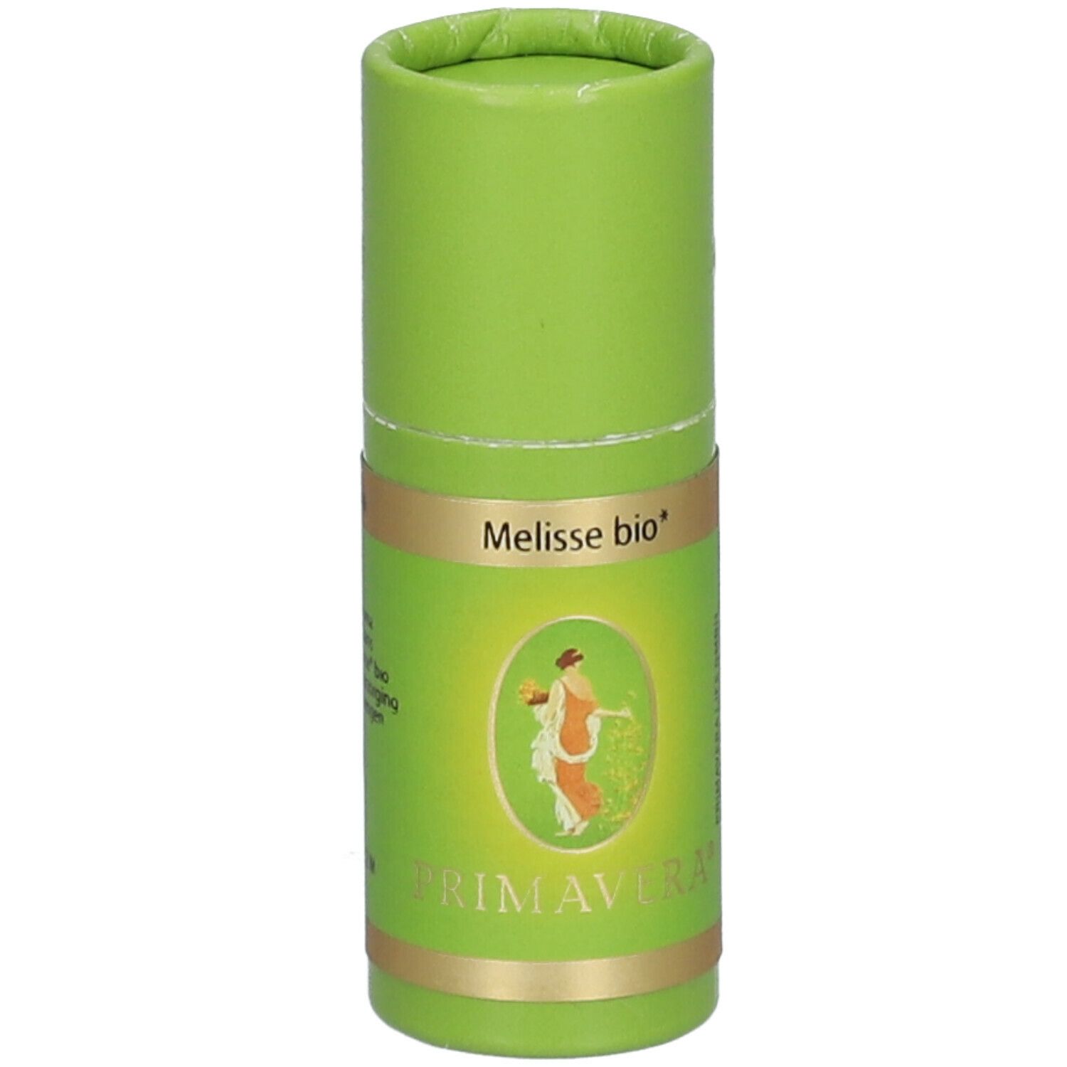 Emballage cylindrique vert. Inscription: Melisse bio, Primavera. Logo: femme avec panier. Détails dorés.