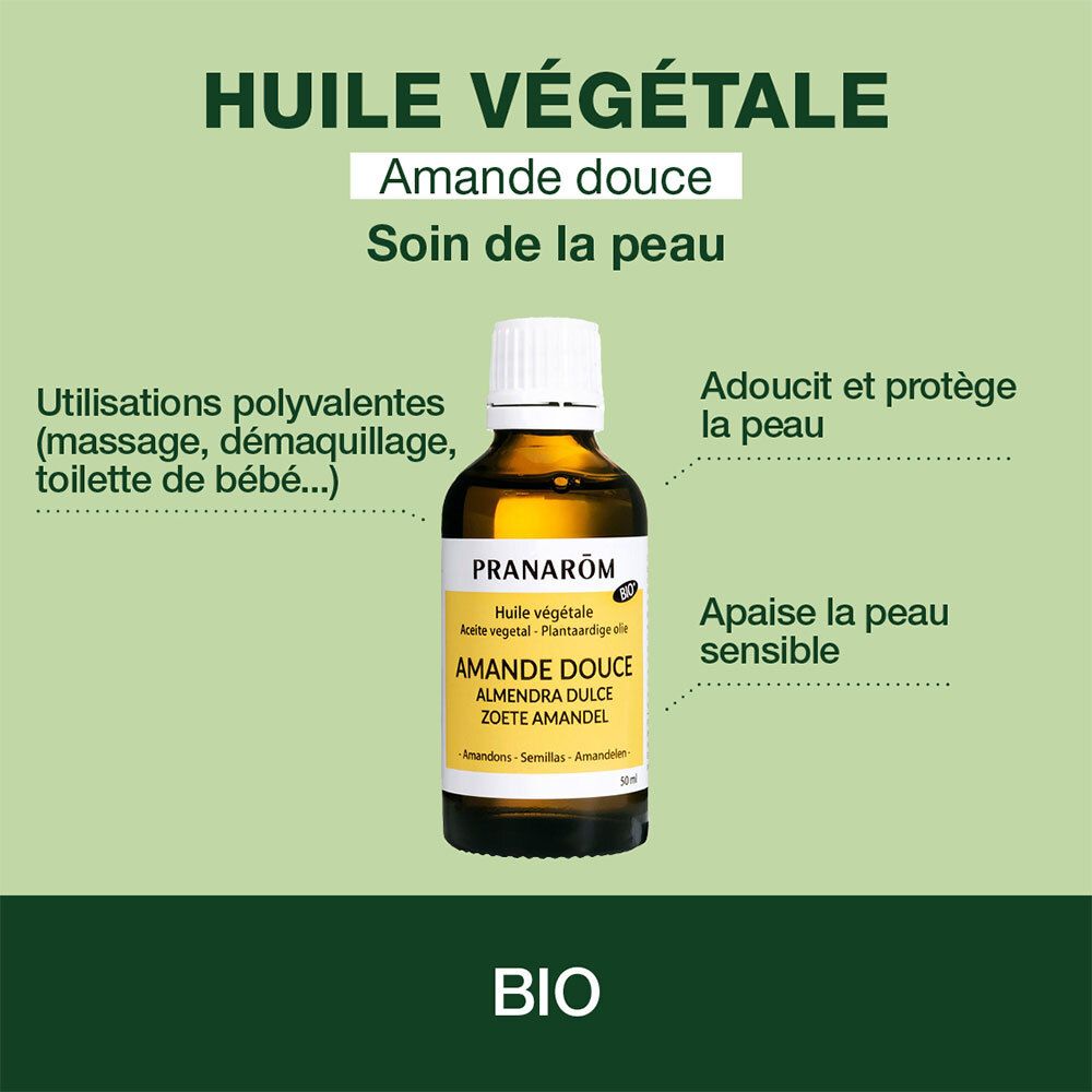 Deux flacons et deux boîtes. Nom du produit et marque PRANAROM. Label bio. Inscription : Huile Végétale.