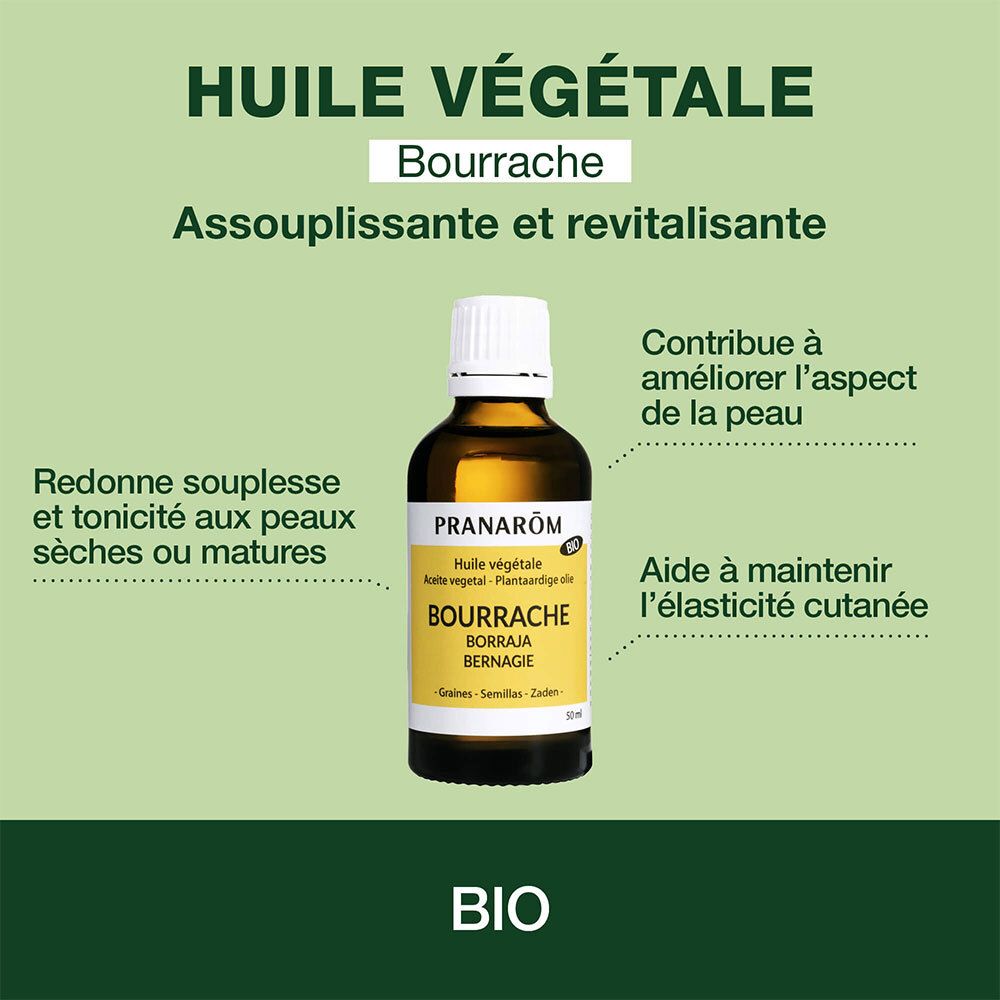 Flacon en verre brun avec bouchon blanc. Étiquette avec nom du produit et marque Pranarôm. Certification bio.