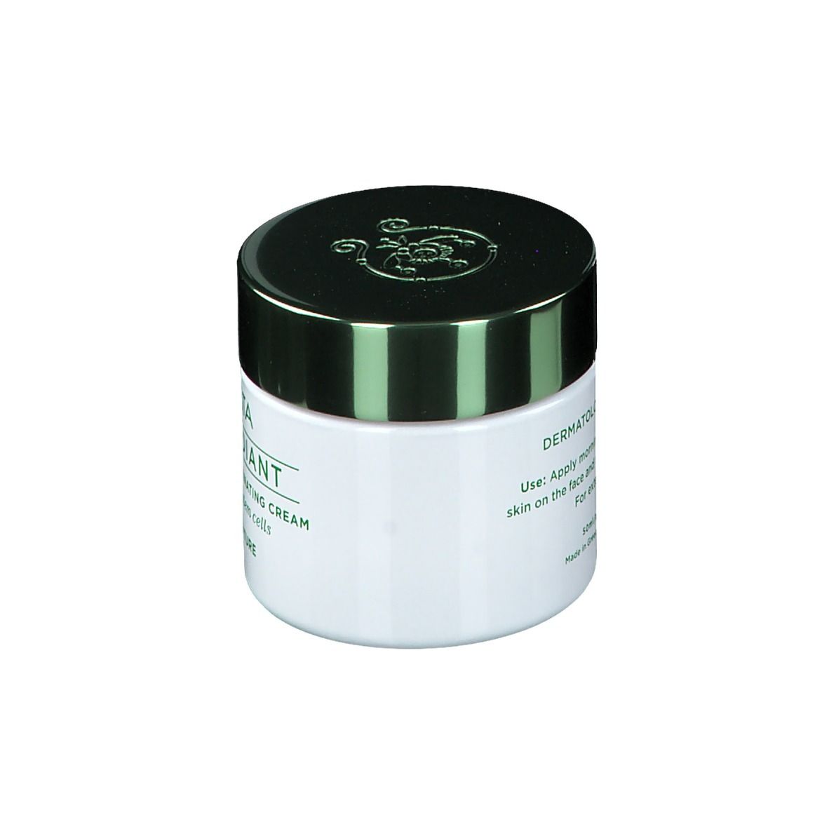 Witte crèmepot met groene deksel. Opschrift: Apivita Bee Radiant Age Defense Illuminating Cream. Tekst op achterkant.