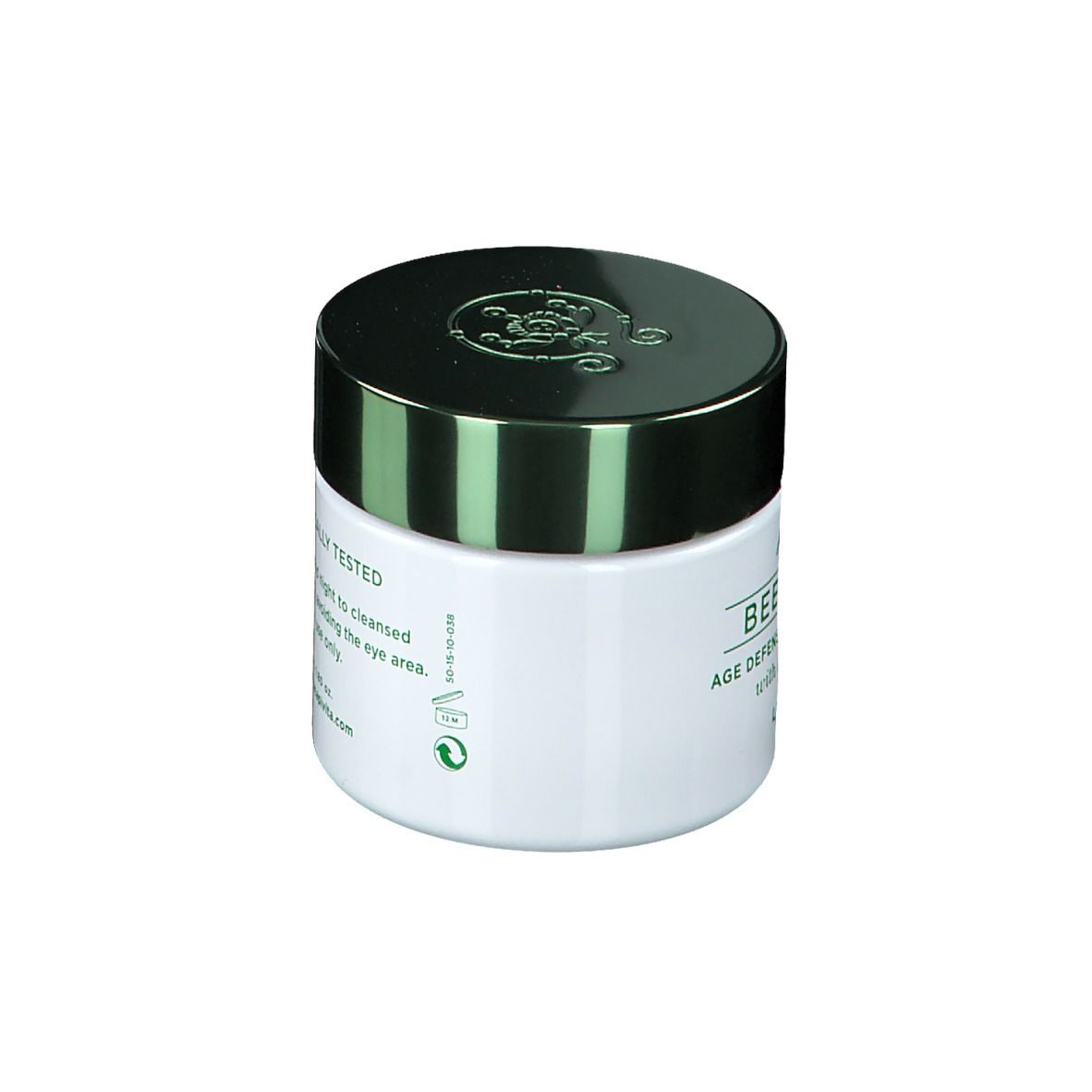 Witte crèmepot met groene deksel. Opschrift: Bee Radiant Age Defense Illuminating Cream. Met groene logo's.