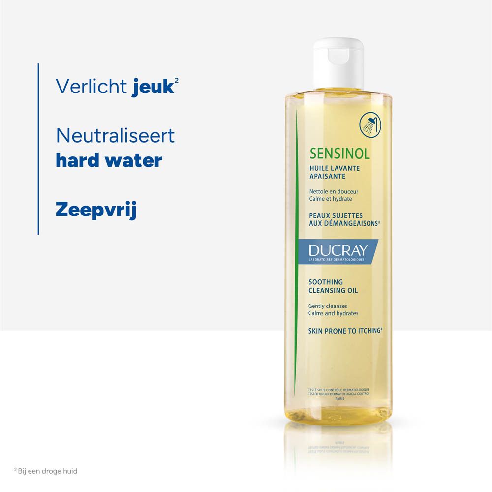 Achterkant van de fles met tekst. Opschrift: SENSINOL, DUCRAY. 400ml.