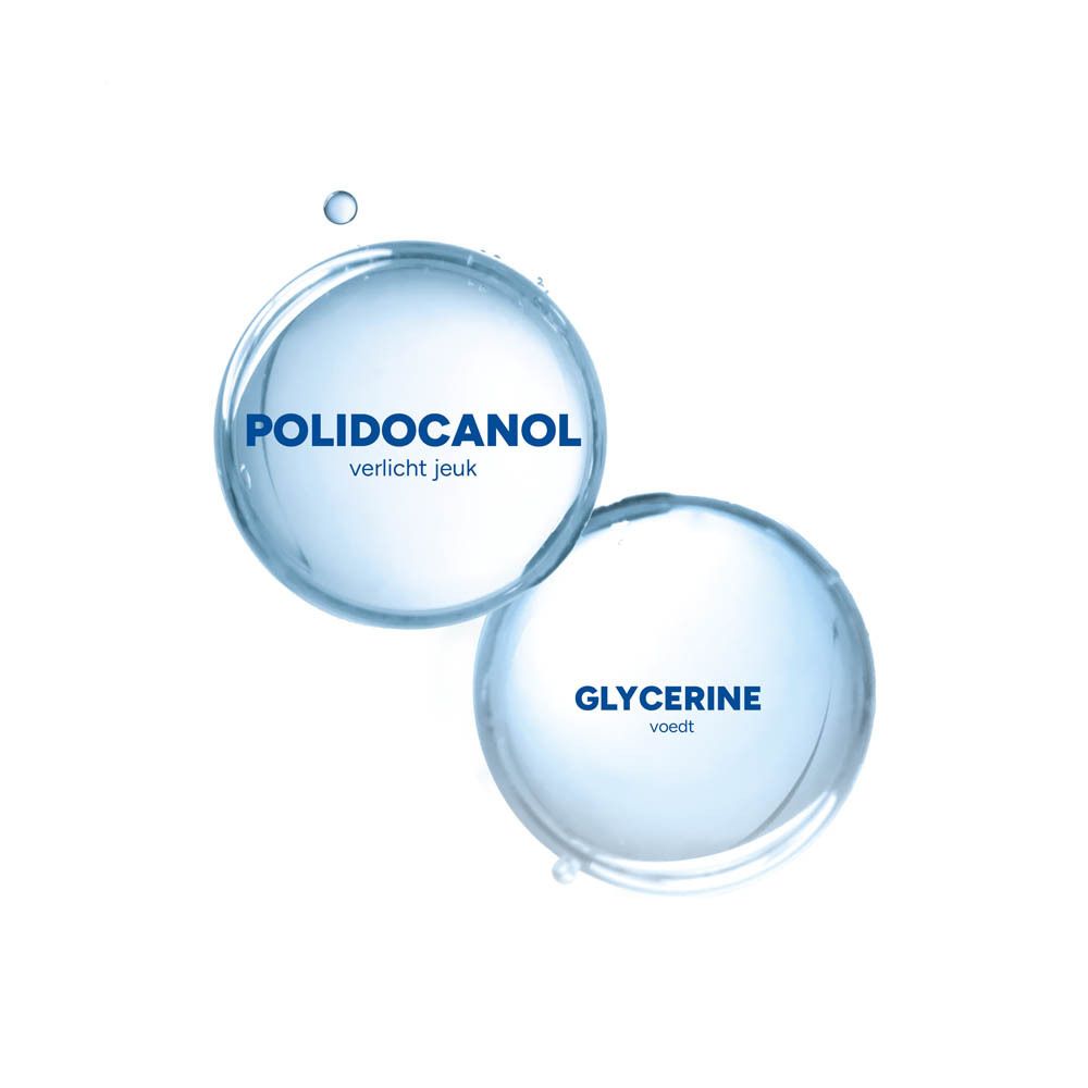 Cilindrische fles SENSINOL wasolie met witte dop. Opschrift: DUCRAY, Huid met jeuk.