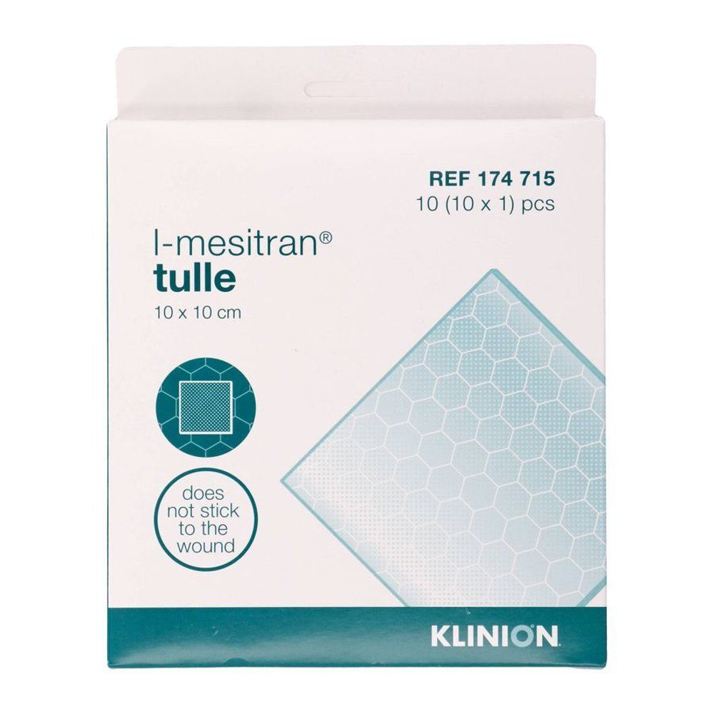 Verpakking van l-mesitran Tulle 10 x 10 cm. Toont een vierkant stuk tule, plakt niet aan de wond. Klinion logo.