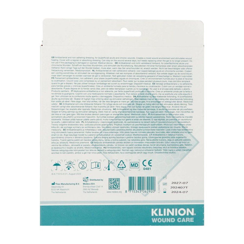 Emballage de l-mesitran Tulle 10 x 10 cm. Montre un carré de tulle, n'adhérant pas à la plaie. Logo Klinion.