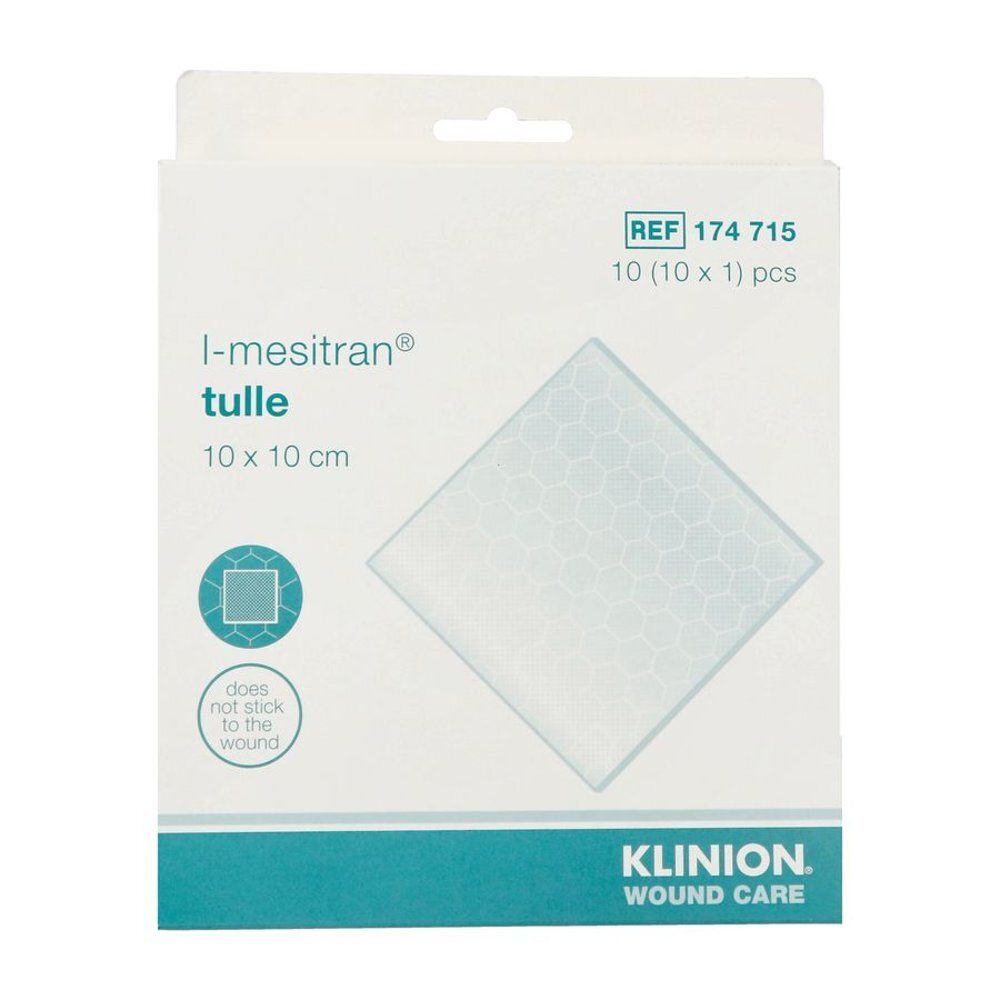 Verpakking van l-mesitran Tulle 10 x 10 cm. Toont een vierkant stuk tule, plakt niet aan de wond. Klinion logo.