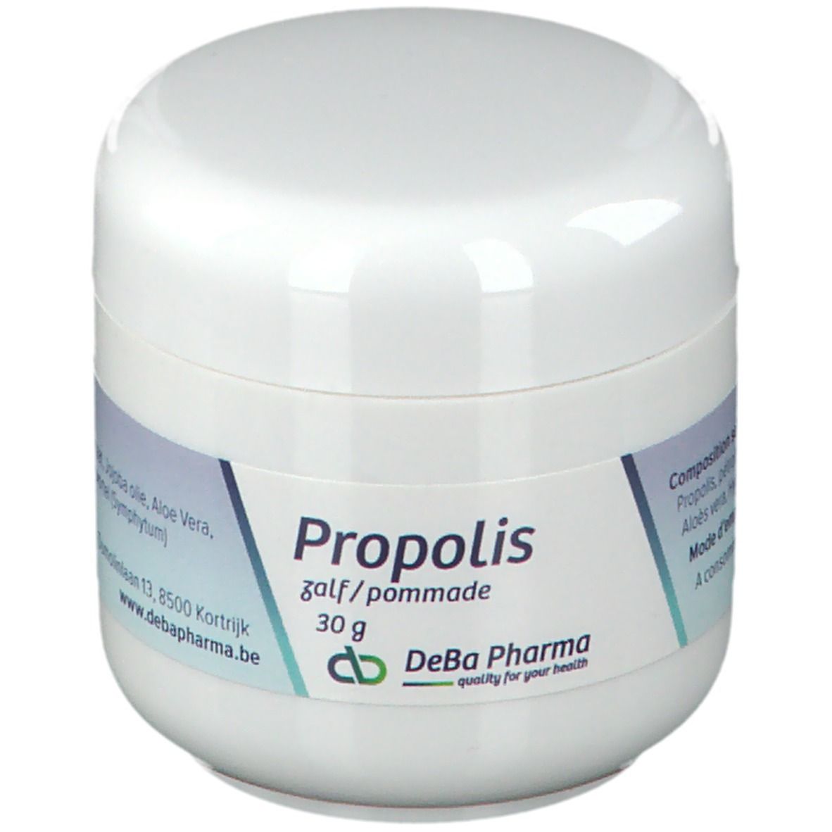 Witte pot met blauw-wit etiket. Opschrift: Propolis, 30 g, DeBa Pharma. Productnaam en merk zichtbaar.