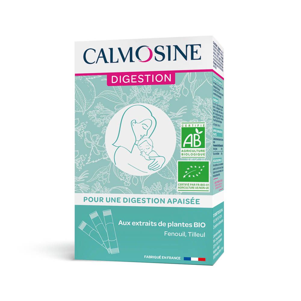 Boîte Calmosine Digestion. Logo AB Bio. Illustration mère et enfant. Texte : "Pour une digestion apaisée".