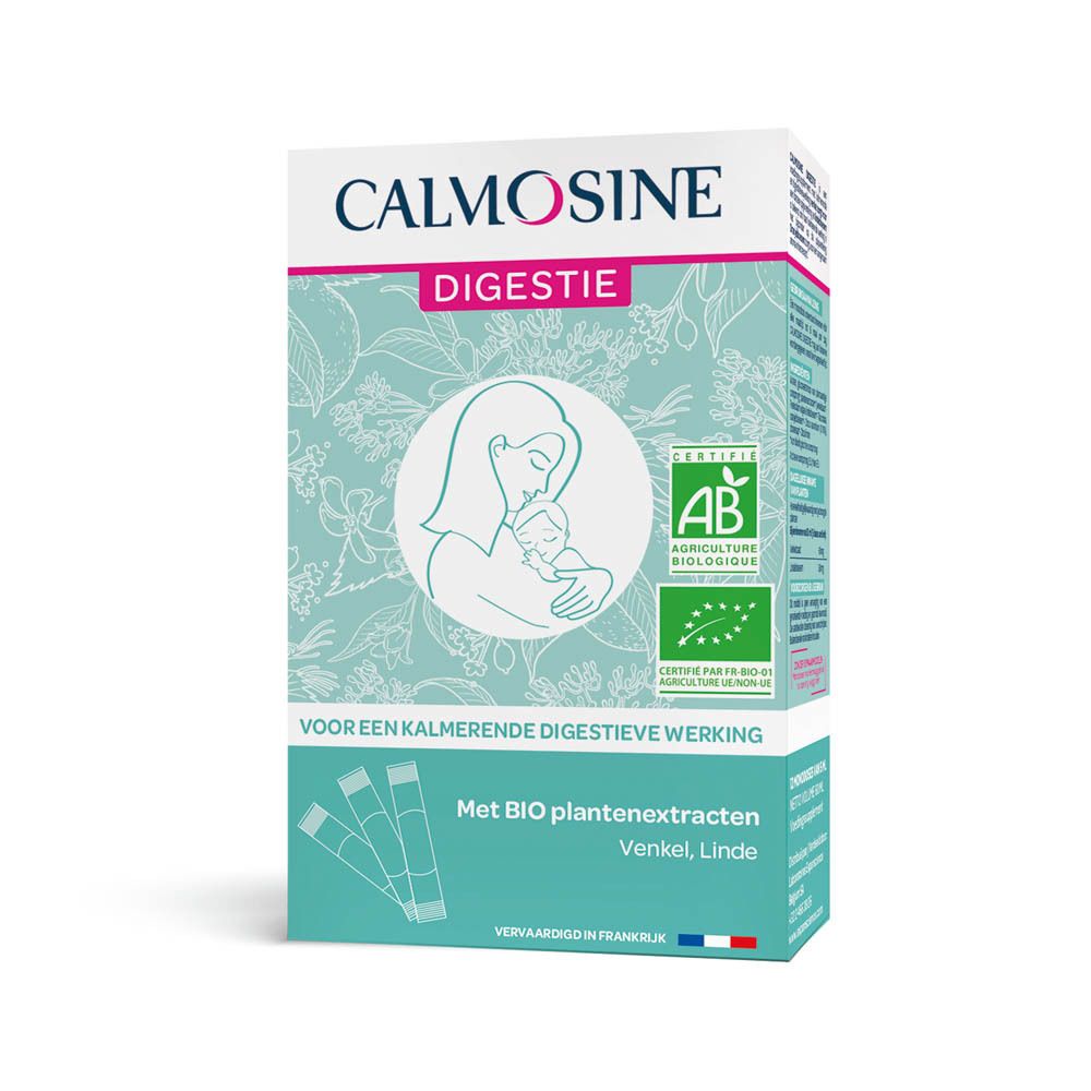 Doos Calmosine Digestie. AB Bio logo. Illustratie moeder en kind. Tekst: "Voor een kalmerende digestieve werking".