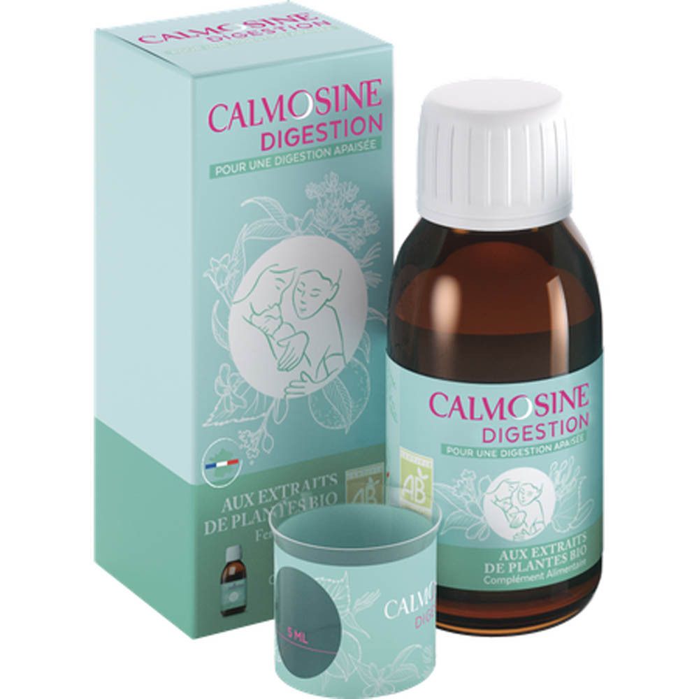 CALMOSINE DIGESTION, fles, maatbeker en verpakking. AB Bio-keurmerk.