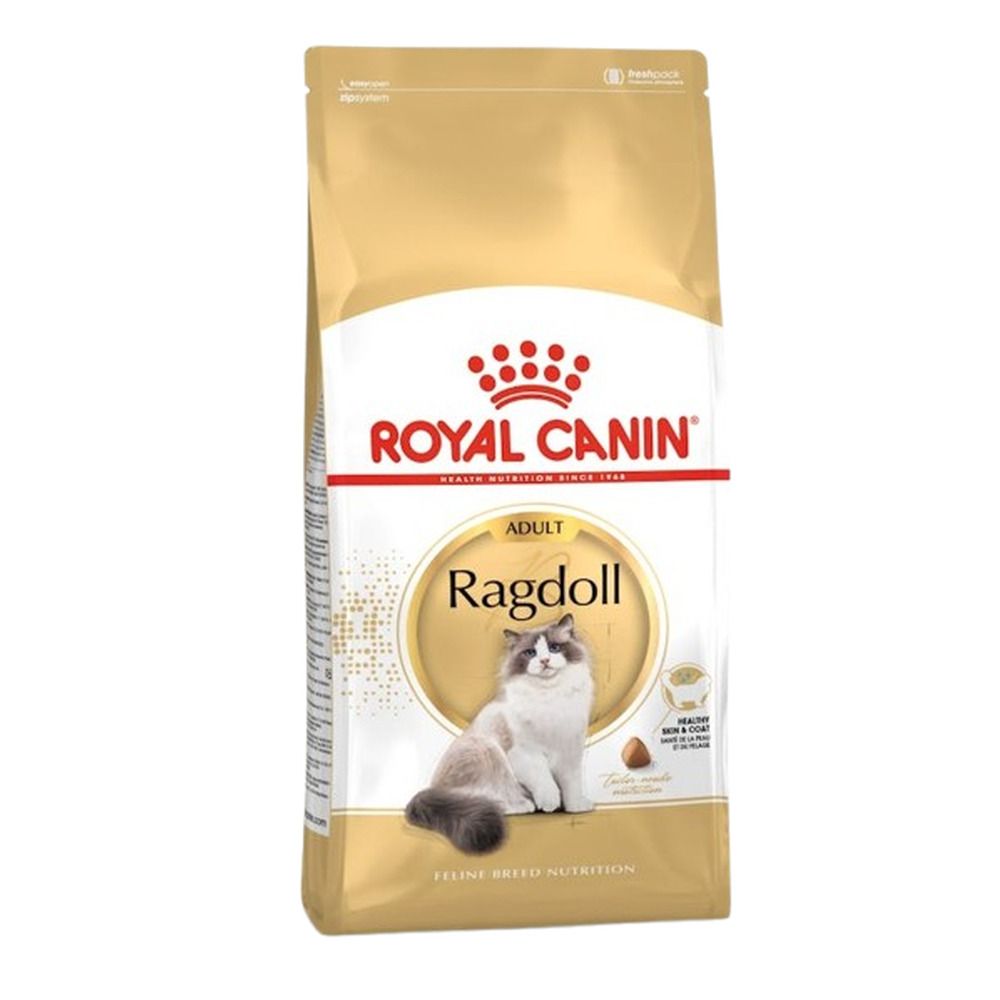 Zak van 10 kg Royal Canin Ragdoll Adult droogvoer, met afbeelding van een Ragdoll kat.