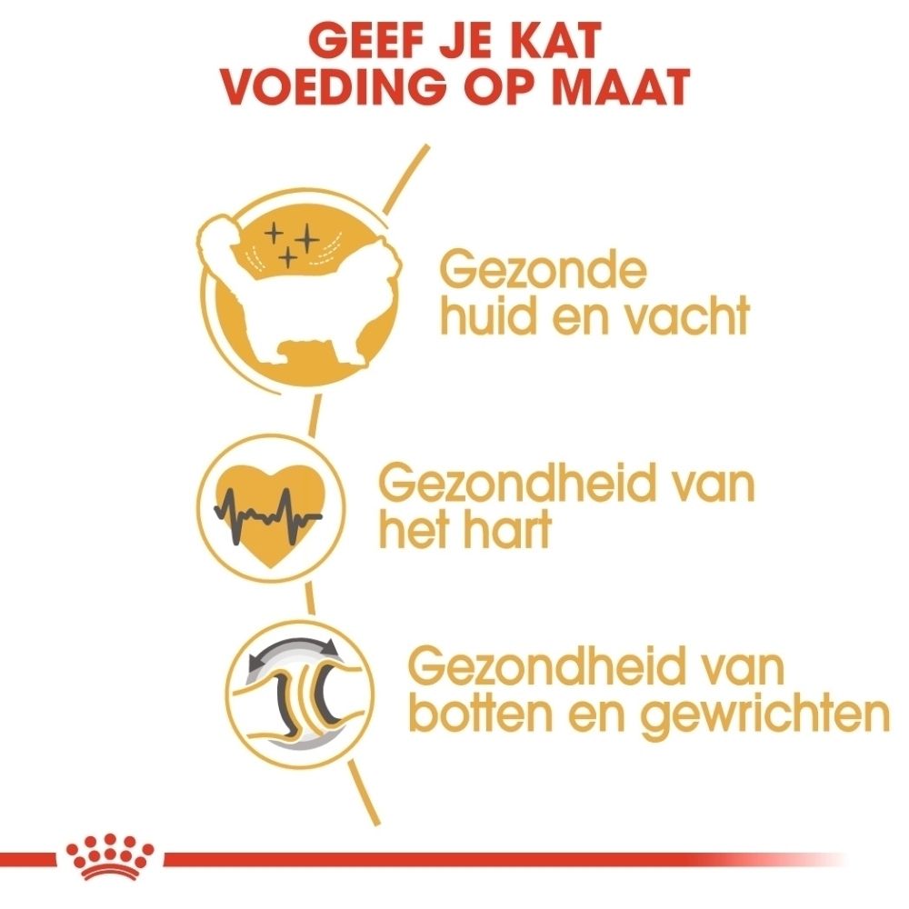 Grafiek met iconen voor gezonde huid, hart en botten. Tekst: "Voeding op maat voor katten".