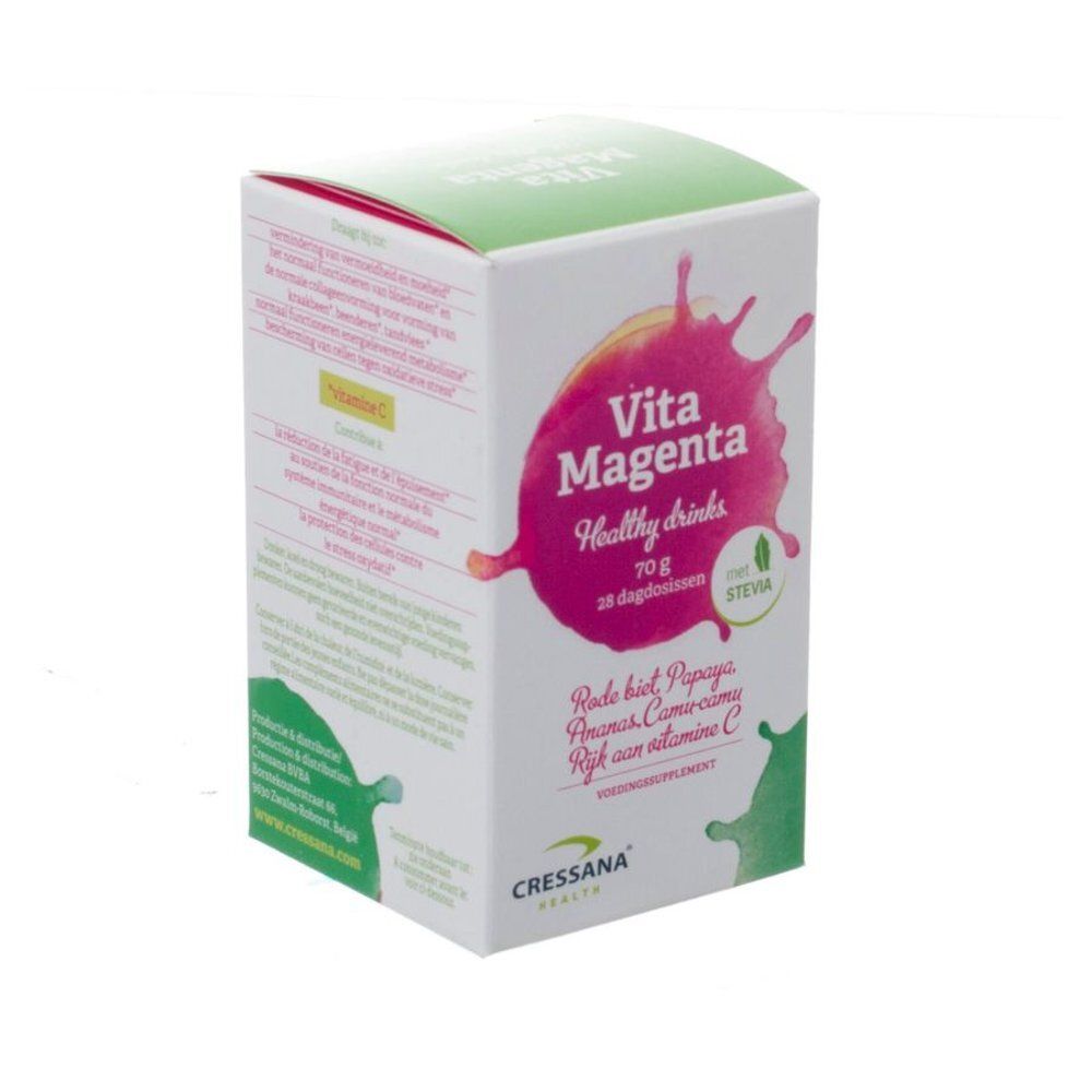 Boîte Cressana Vita Magenta avec inscription 'Healthy drinks' et 'avec Stevia'.