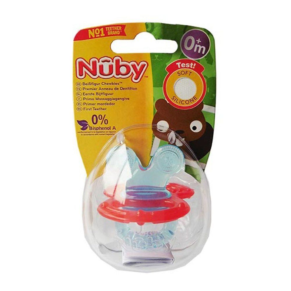 Emballage avec un anneau de dentition. Le nom 'Nûby' est visible. L'anneau de dentition est rouge et bleu.