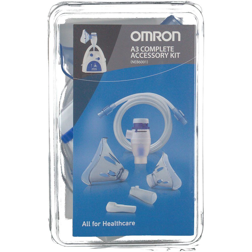 Omron A3 Complete Accessory Kit in transparante verpakking. Bevat maskers, slang en mondstuk.