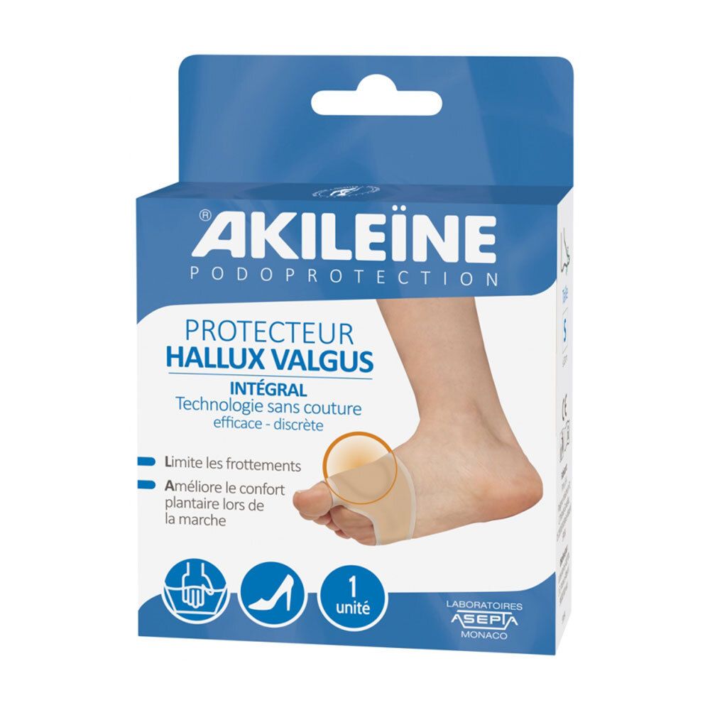 Verpakking met voetbescherming. Tekst: ®AKILEINE PODOPROTECTION, PROTECTEUR HALLUX VALGUS. Illustratie van een voet met product. 1 eenheid.