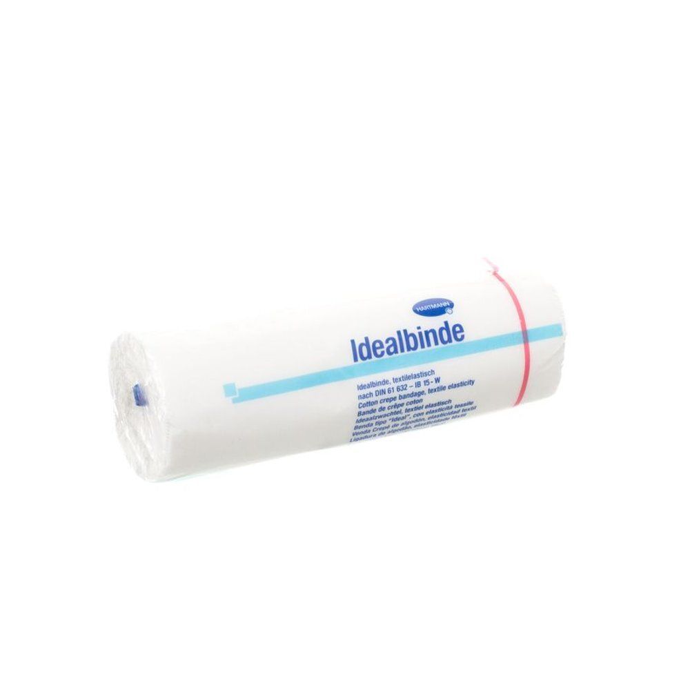 Witte rolverband. Opschrift: Idealbinde. Blauwe en rode strepen. Tekst: 15cm x 5m.