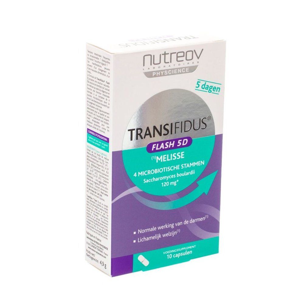 Witte en paarse doos. Opschrift: Nutreov, Transifidus Flash 5D, 4 microbiotische stammen, 10 capsules. Een capsule ernaast.