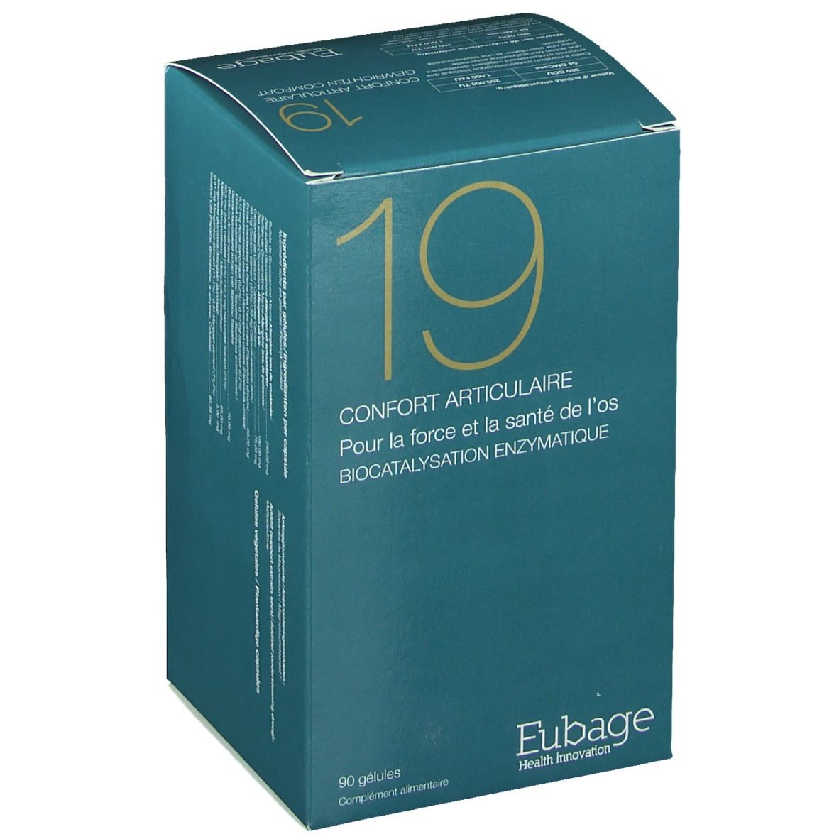 Flacon blanc avec étiquette bleue. Inscription: 19, Confort Articulaire, Eubage. Contient 90 gélules.