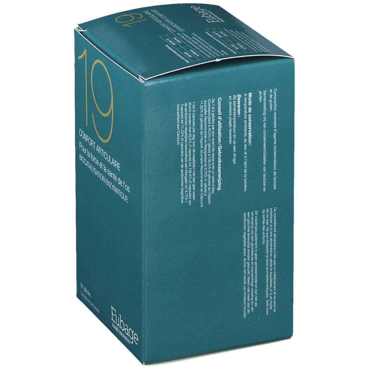 Flacon blanc avec étiquette bleue. Contient des informations sur la composition et le dosage. Bouchon.