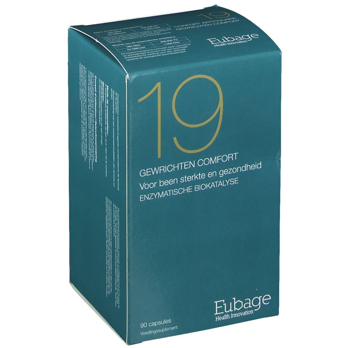 Flacon blanc avec étiquette bleue. Code-barres et adresse du fabricant. Bouchon.