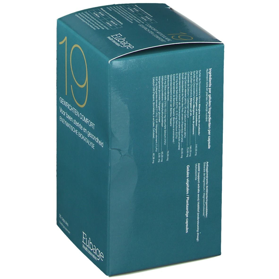 Flacon blanc avec étiquette bleue. Inscription: 19, Confort Articulaire, Eubage. Contient 90 gélules.