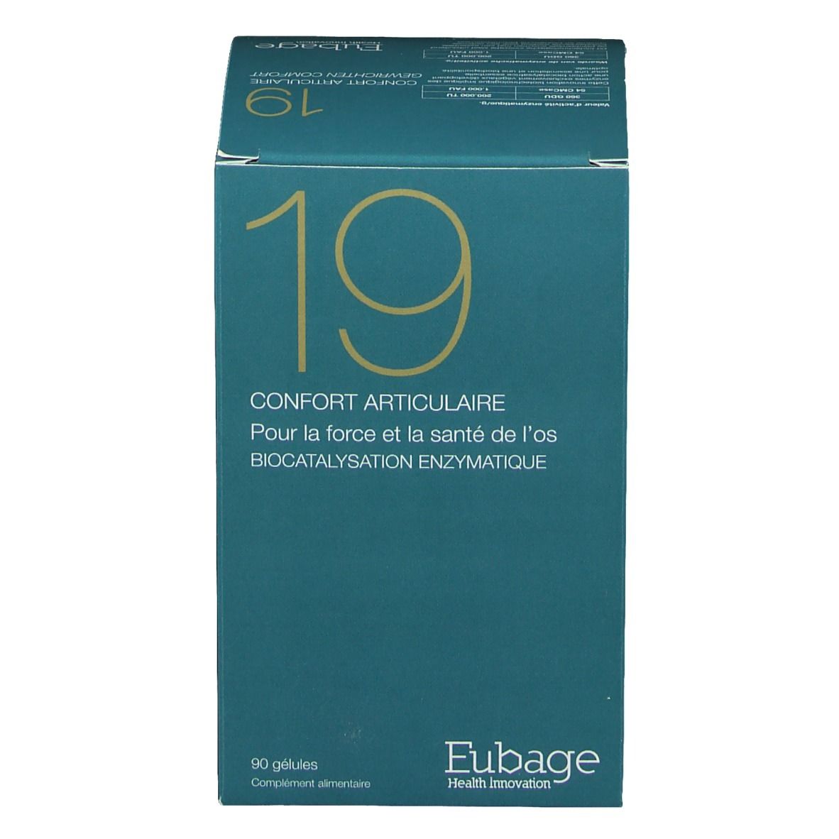 Flacon blanc avec étiquette bleue. Inscription: 19, Confort Articulaire, Eubage. Contient 90 gélules. Liste des ingrédients.