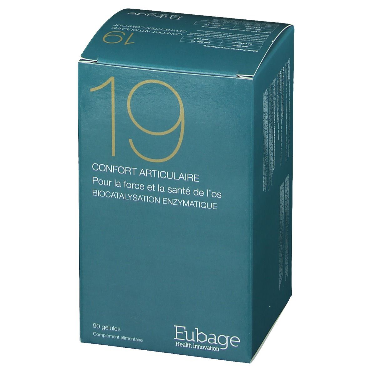 Flacon blanc avec étiquette bleue. Liste des ingrédients et adresse du fabricant. Bouchon.