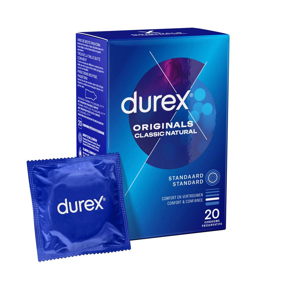 Blauwe doos en condoomverpakking van Durex®. 20 condooms. Blauw.