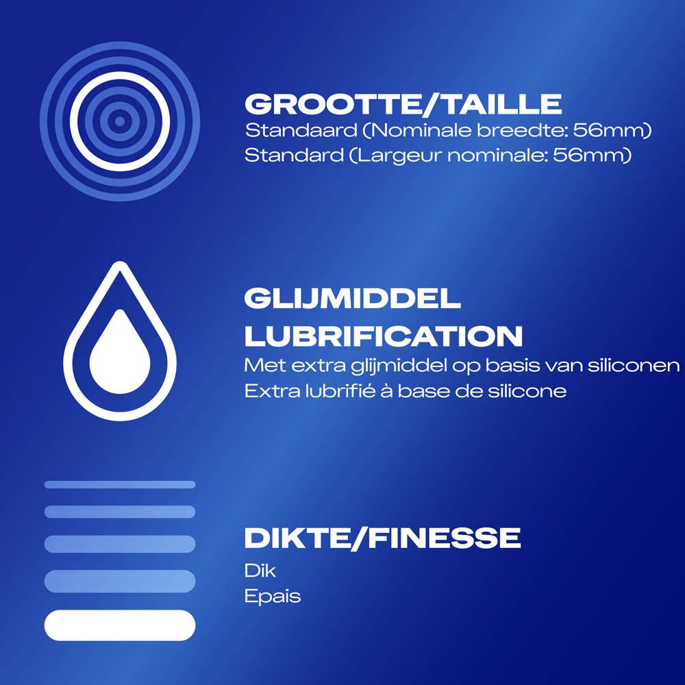 Achterkant van de Durex Originals Extra Safe condoomverpakking. Meertalige informatie.
