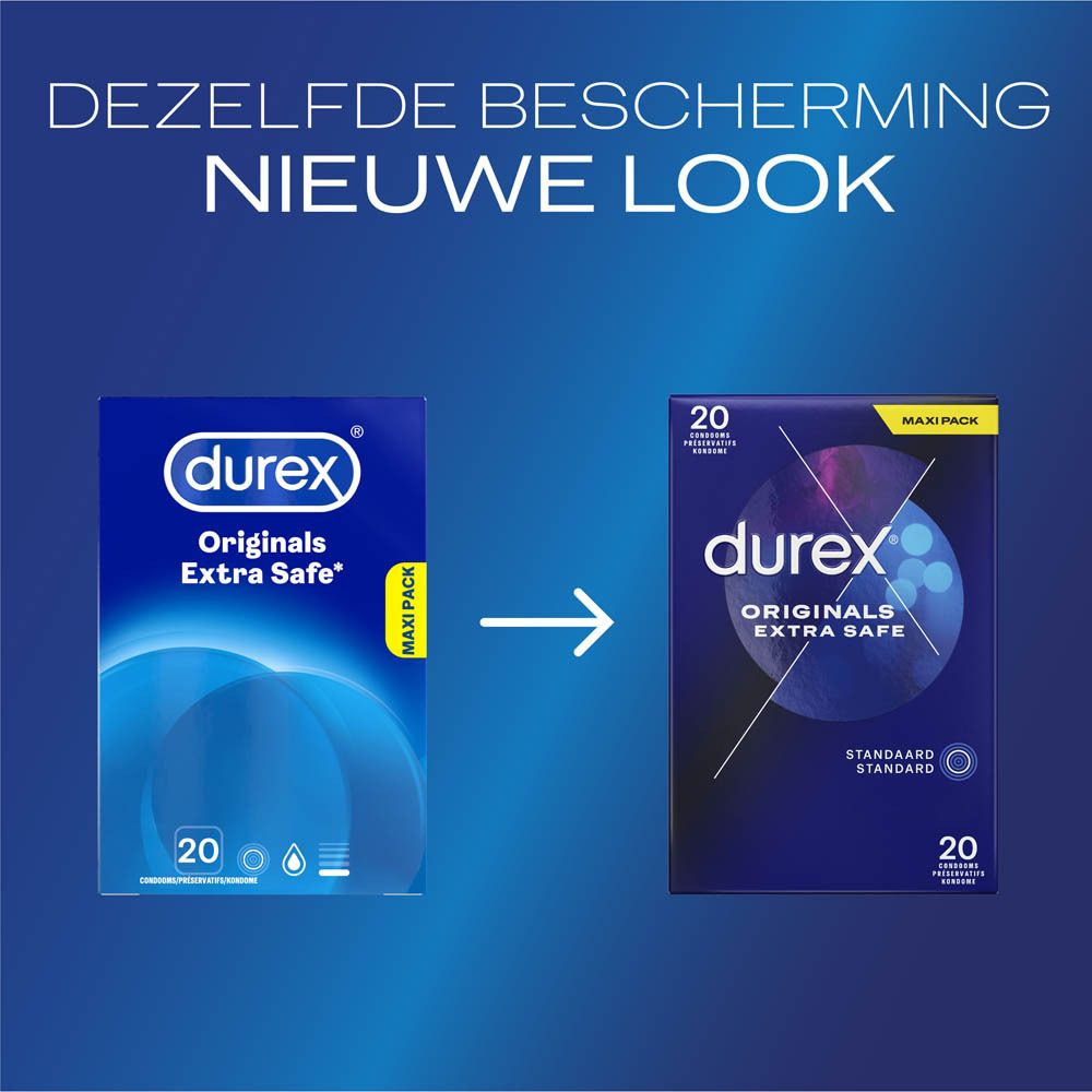 Durex Originals Extra Safe condoomverpakking en een individueel condoom. Blauw.