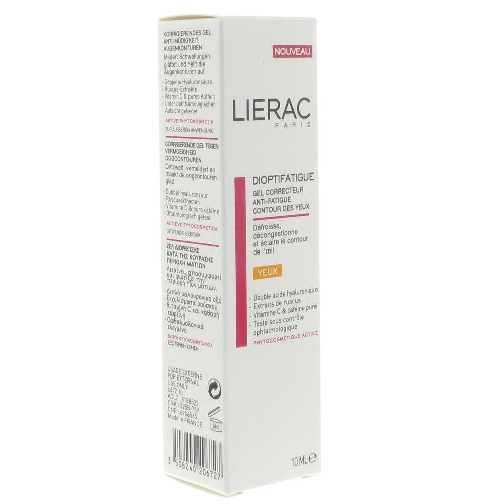 Emballage blanc avec informations produit. Inscription : LIERAC PARIS, DIOPTIFATIGUE GEL CORRECTEUR ANTI-FATIGUE CONTOUR DES YEUX.